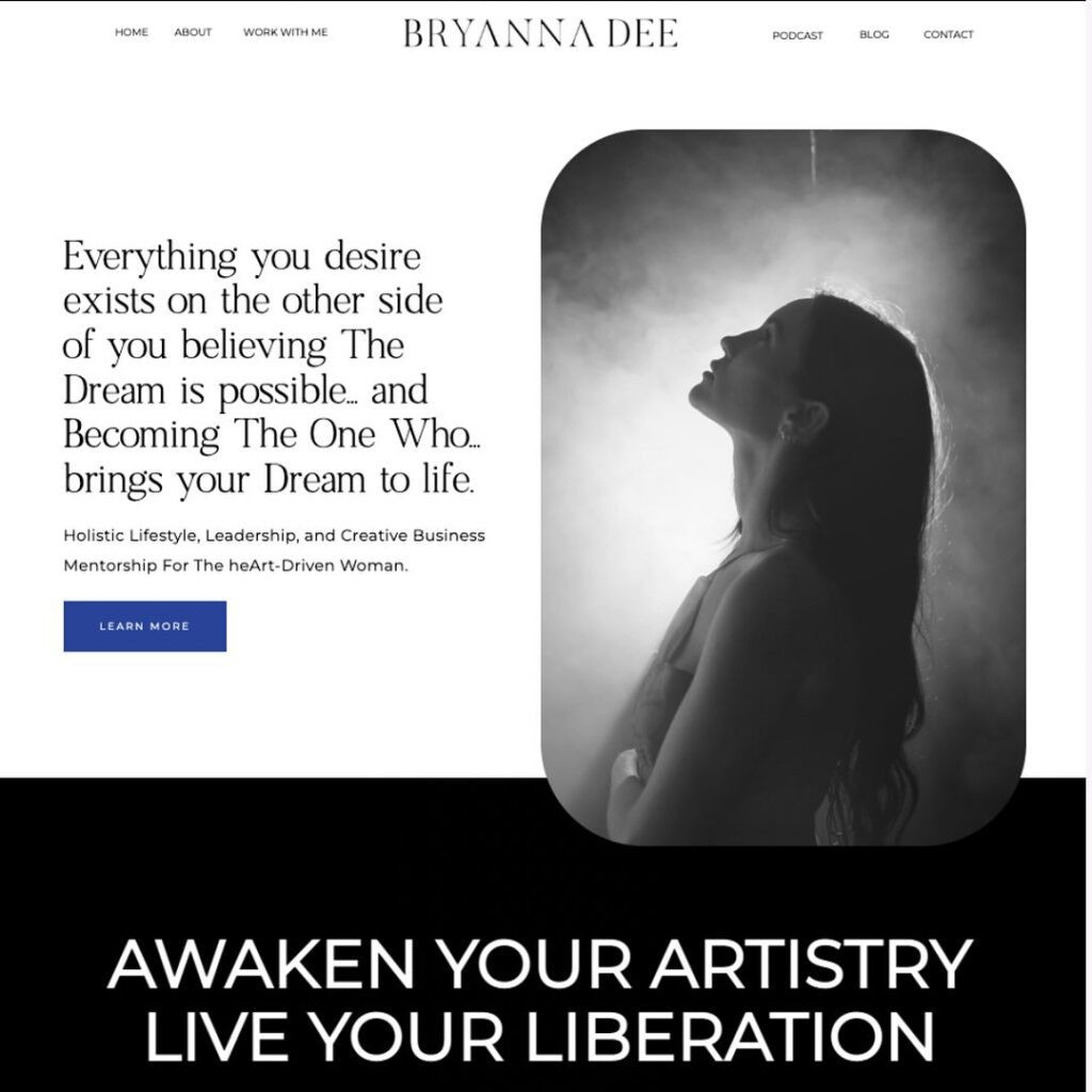 Image of Bryanna Dee's website home page. 